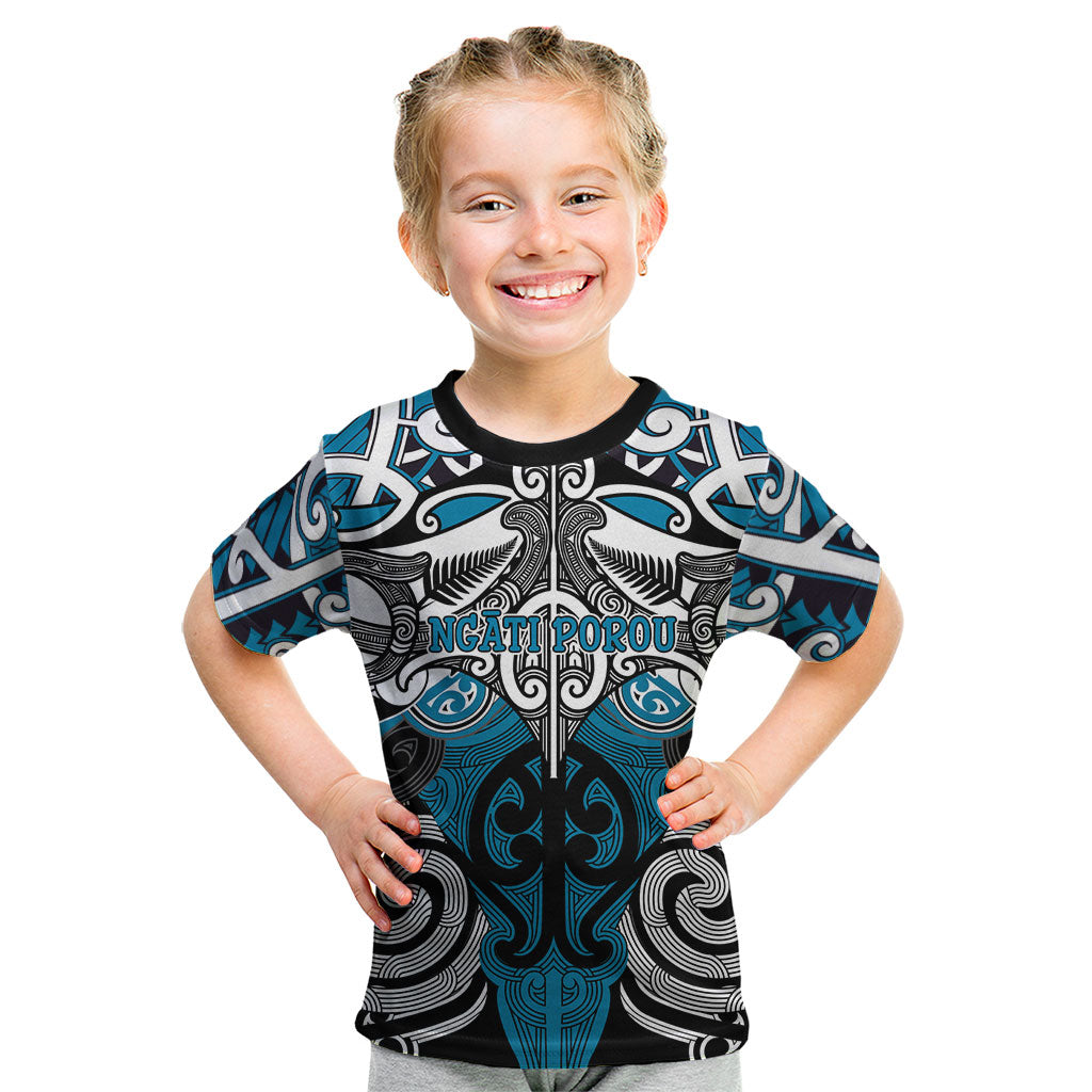 Personalised Maori Ngati Porou Kid T Shirt Silver Fern Kowhaiwhai Art LT01 Blue - Polynesian Pride