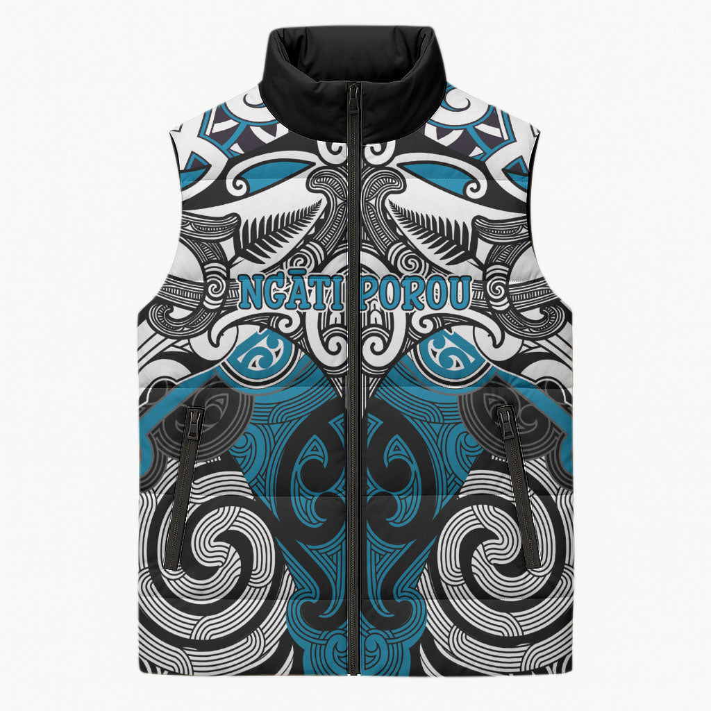 Personalised Maori Ngati Porou Sleeveless Puffer Jacket Silver Fern Kowhaiwhai Art LT01 Unisex Blue - Polynesian Pride
