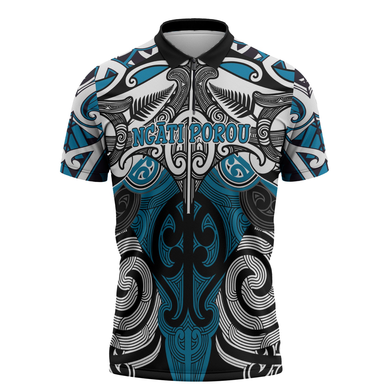 Personalised Maori Ngati Porou Zipper Polo Shirt Silver Fern Kowhaiwhai Art LT01 Blue - Polynesian Pride