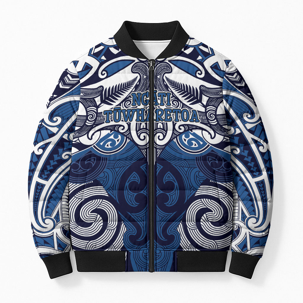 Personalised Maori Ngati Tuwharetoa Bomber Puffer Jacket Silver Fern Kowhaiwhai Art LT01 Unisex Blue - Polynesian Pride