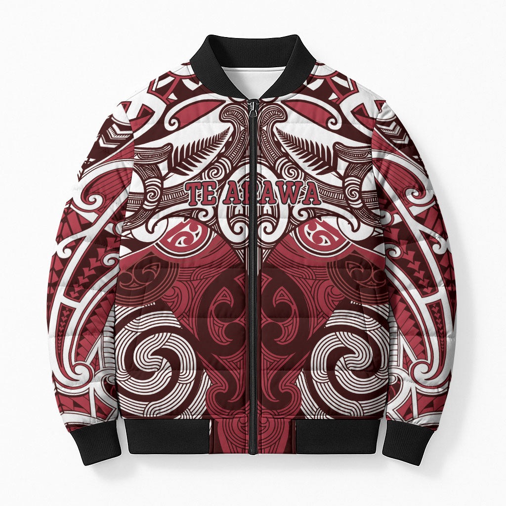 Personalised Maori Te Arawa Bomber Puffer Jacket Silver Fern Kowhaiwhai Art LT01 Unisex Red - Polynesian Pride