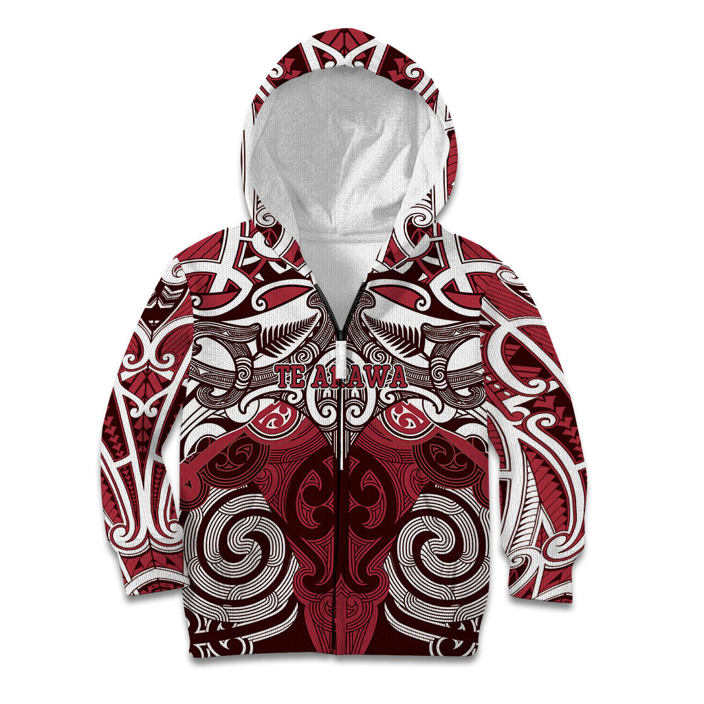 Personalised Maori Te Arawa Kid Hoodie Silver Fern Kowhaiwhai Art LT01 Zip Hoodie Red - Polynesian Pride