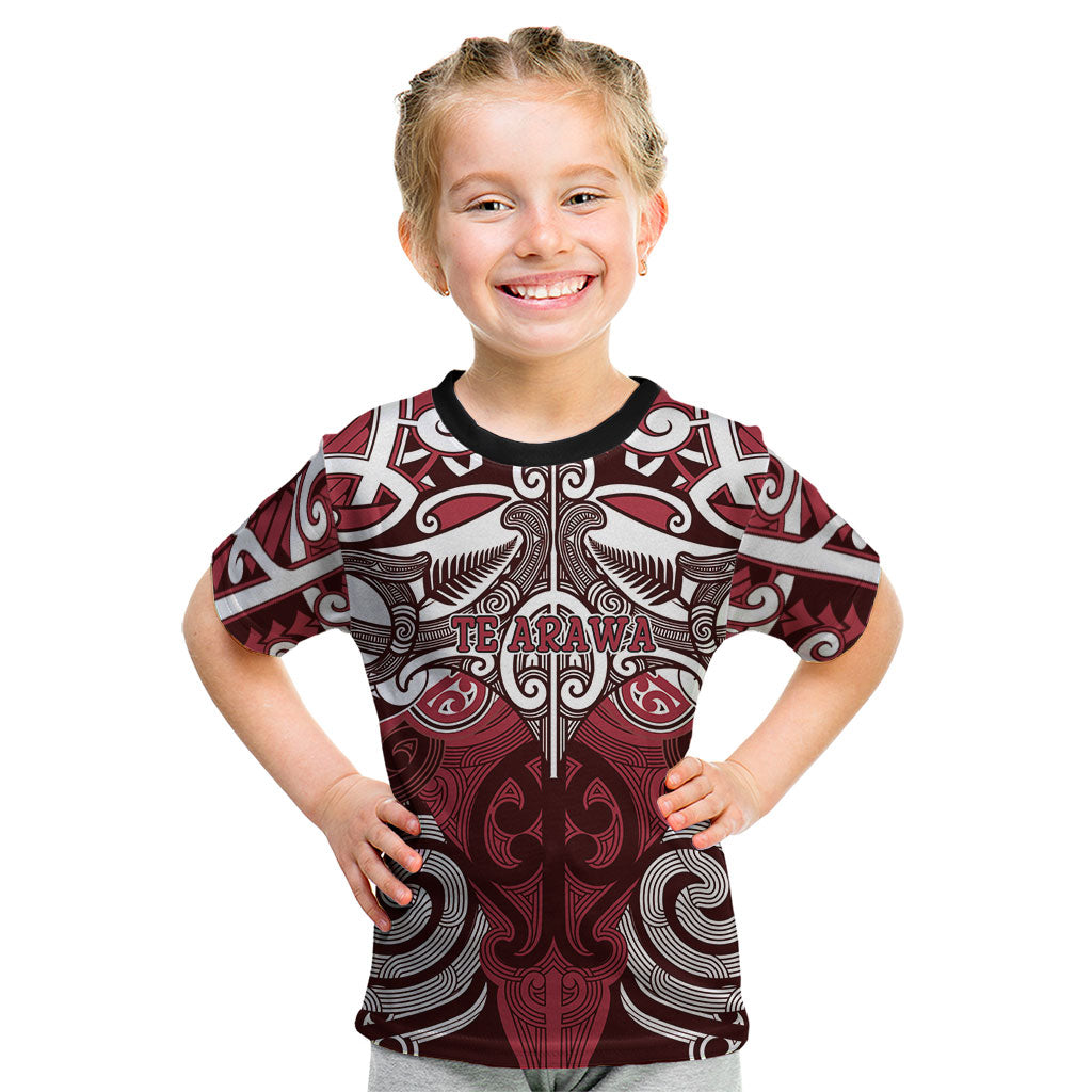 Personalised Maori Te Arawa Kid T Shirt Silver Fern Kowhaiwhai Art LT01 Red - Polynesian Pride