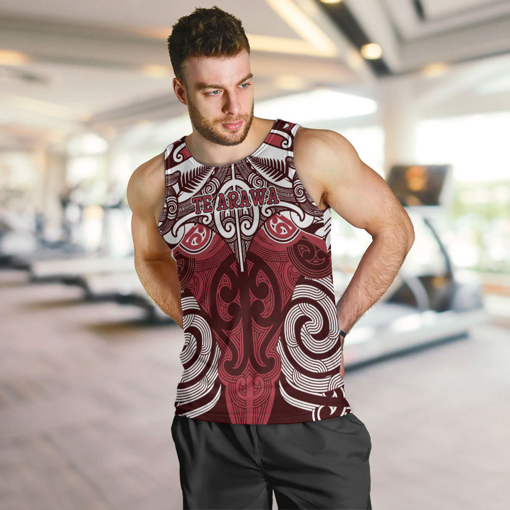 Personalised Maori Te Arawa Men Tank Top Silver Fern Kowhaiwhai Art LT01 Red - Polynesian Pride