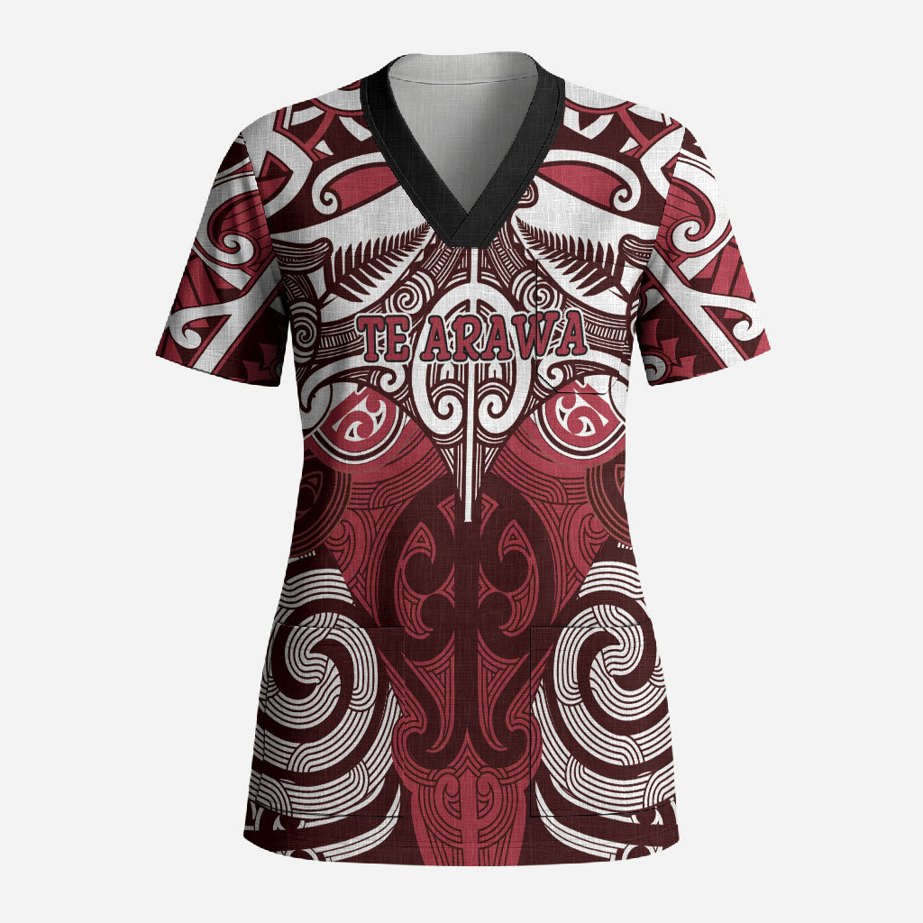 Personalised Maori Te Arawa Scrub Top Silver Fern Kowhaiwhai Art LT01 Adult Red - Polynesian Pride