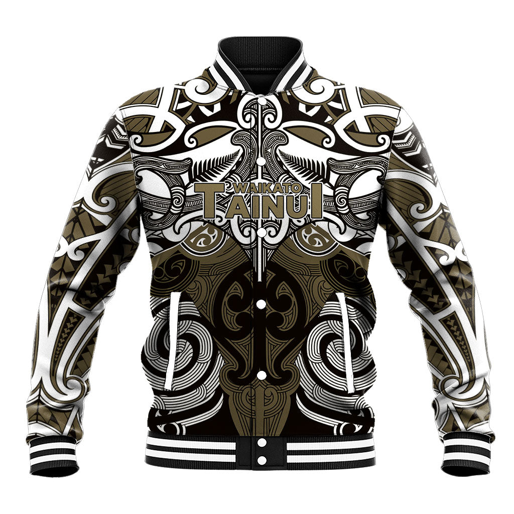 Personalised Maori Waikato Tainui Baseball Jacket Silver Fern Kowhaiwhai Art LT01 Unisex Muted Gold - Polynesian Pride