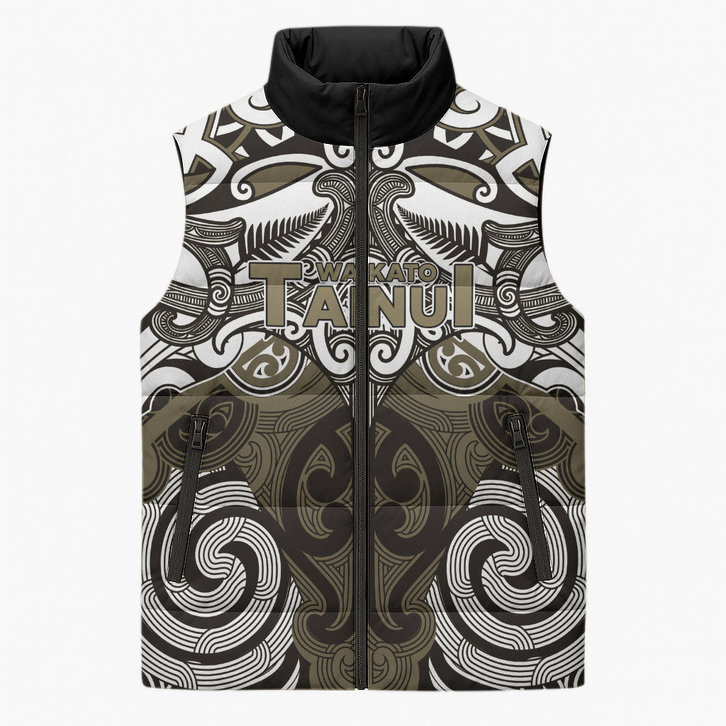 Personalised Maori Waikato Tainui Sleeveless Puffer Jacket Silver Fern Kowhaiwhai Art LT01 Unisex Muted Gold - Polynesian Pride