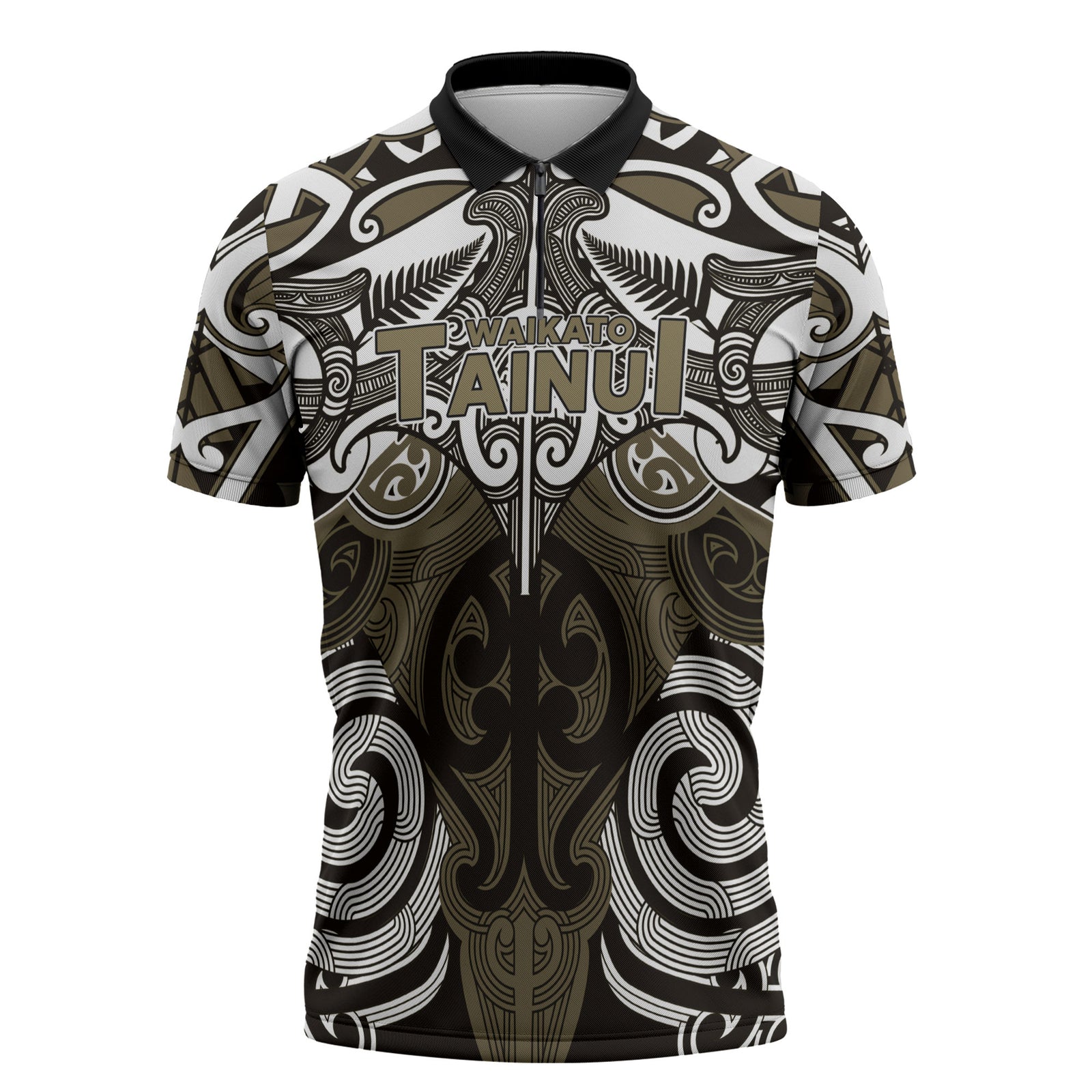 Personalised Maori Waikato Tainui Zipper Polo Shirt Silver Fern Kowhaiwhai Art LT01 Muted Gold - Polynesian Pride