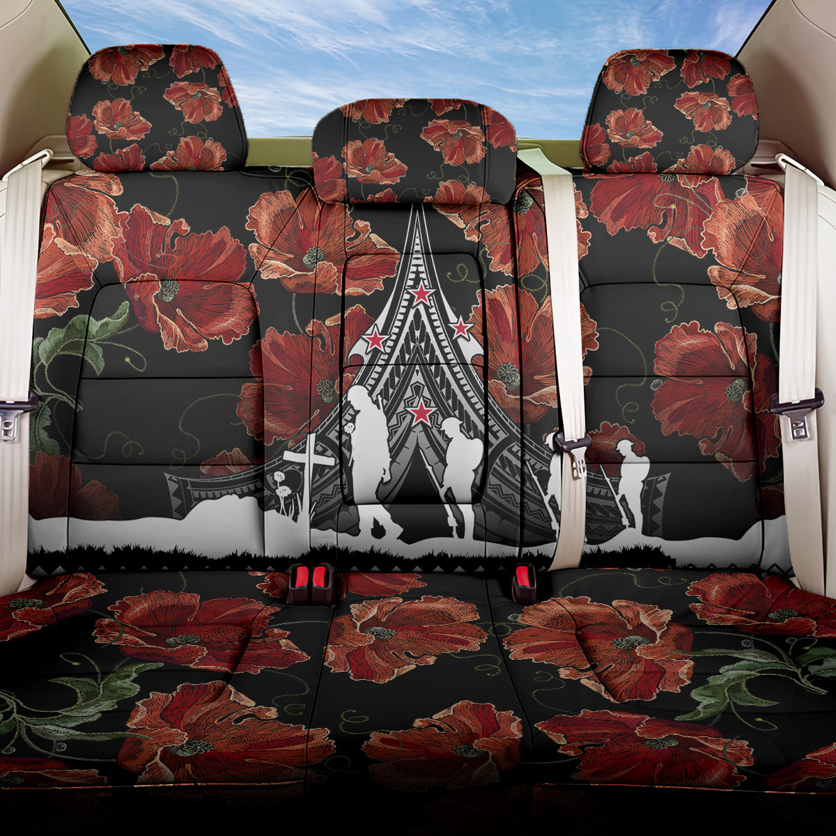 New Zealand ANZAC Day Back Car Seat Cover Poppy With Polynesian Pattern LT01 One Size Black - Polynesian Pride