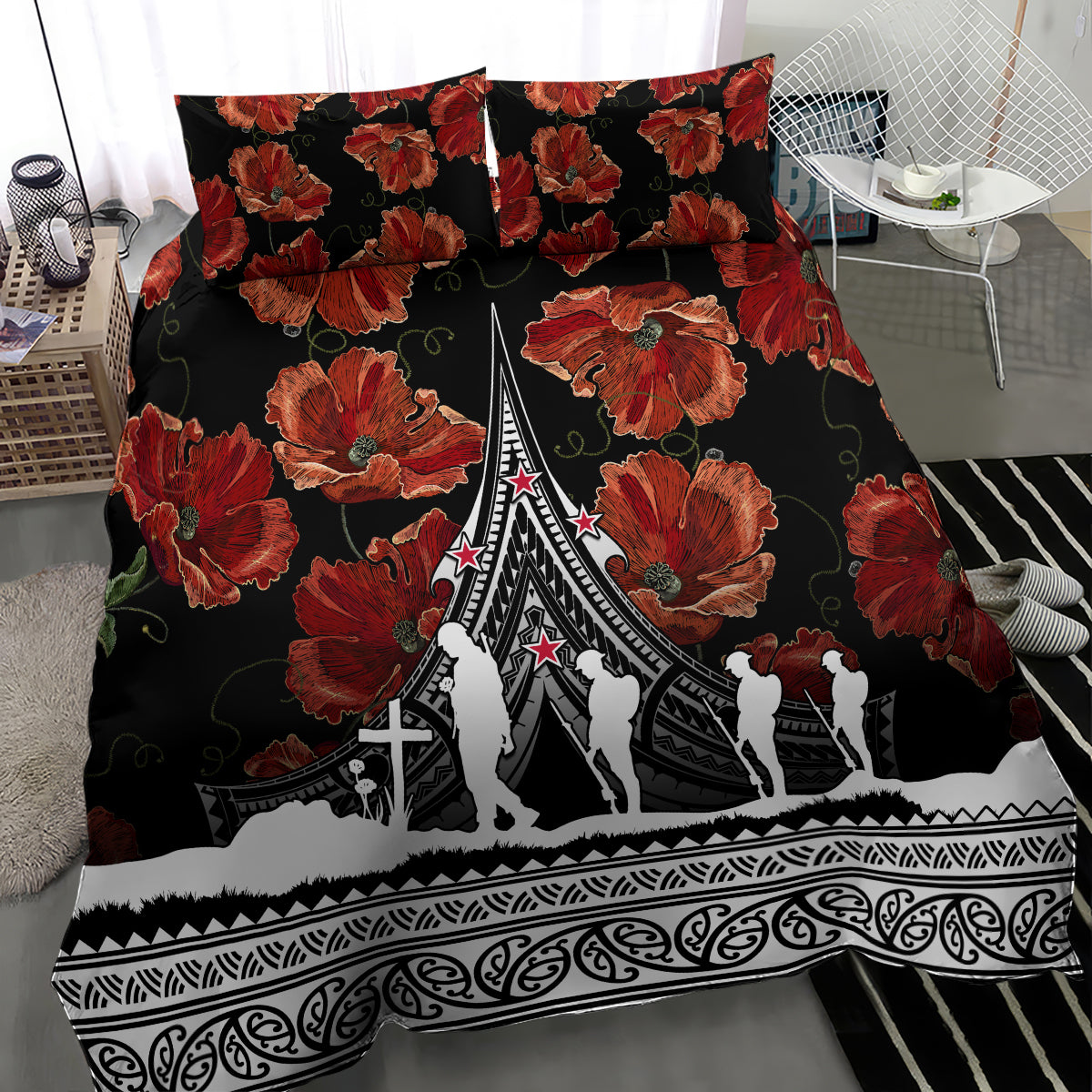 New Zealand ANZAC Day Bedding Set Poppy With Polynesian Pattern LT01 - Polynesian Pride