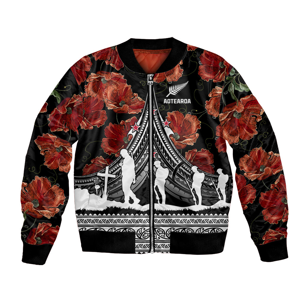 New Zealand ANZAC Day Bomber Jacket Poppy With Polynesian Pattern LT01 Unisex Black - Polynesian Pride