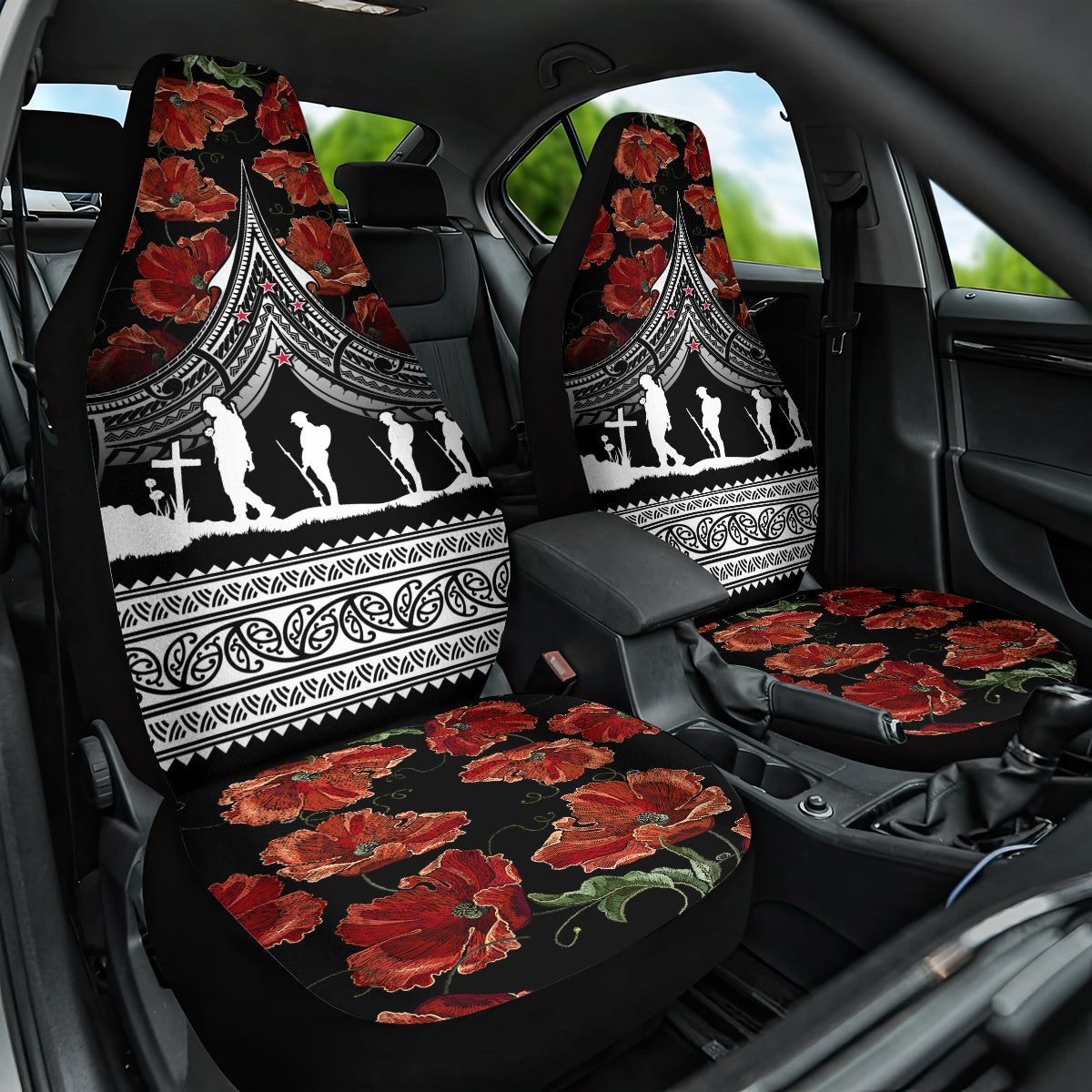 New Zealand ANZAC Day Car Seat Cover Poppy With Polynesian Pattern LT01 One Size Black - Polynesian Pride