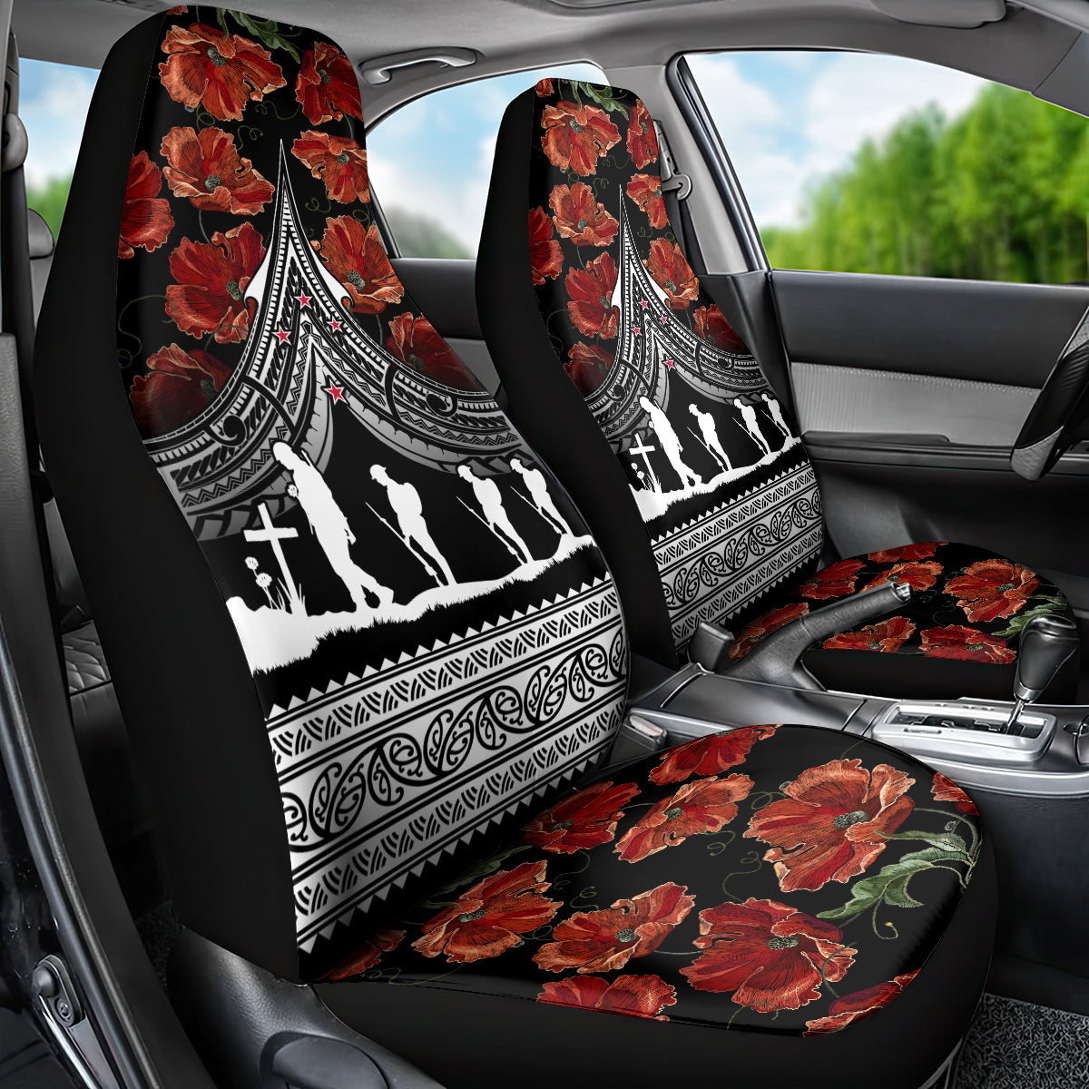 New Zealand ANZAC Day Car Seat Cover Poppy With Polynesian Pattern LT01 - Polynesian Pride