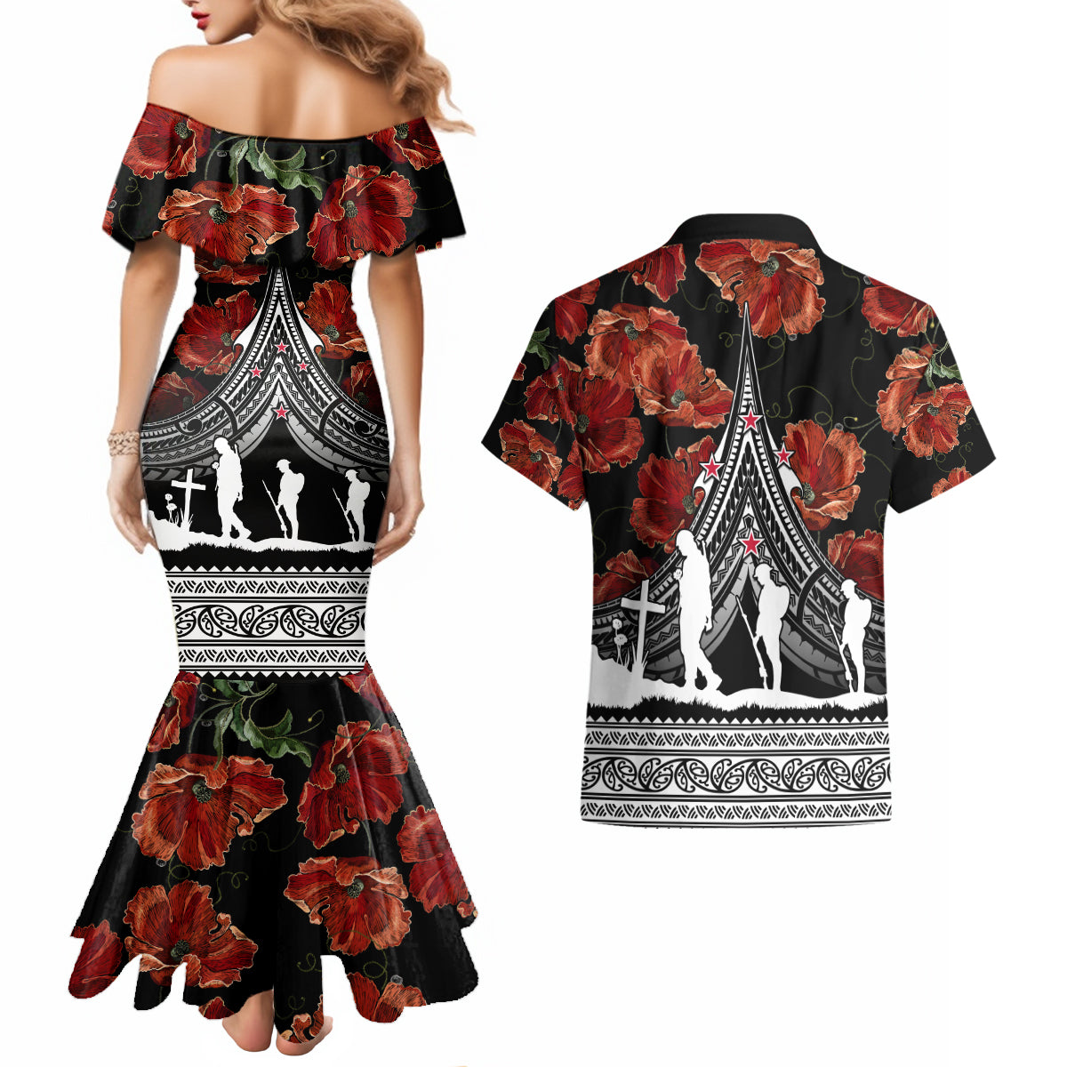 New Zealand ANZAC Day Couples Matching Mermaid Dress and Hawaiian Shirt Poppy With Polynesian Pattern LT01 - Polynesian Pride