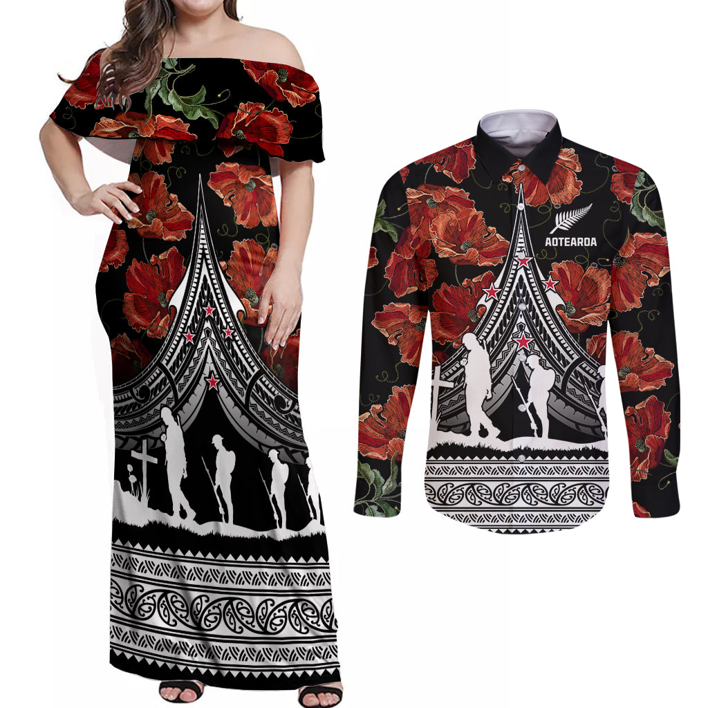 New Zealand ANZAC Day Couples Matching Off Shoulder Maxi Dress and Long Sleeve Button Shirt Poppy With Polynesian Pattern LT01 Black - Polynesian Pride