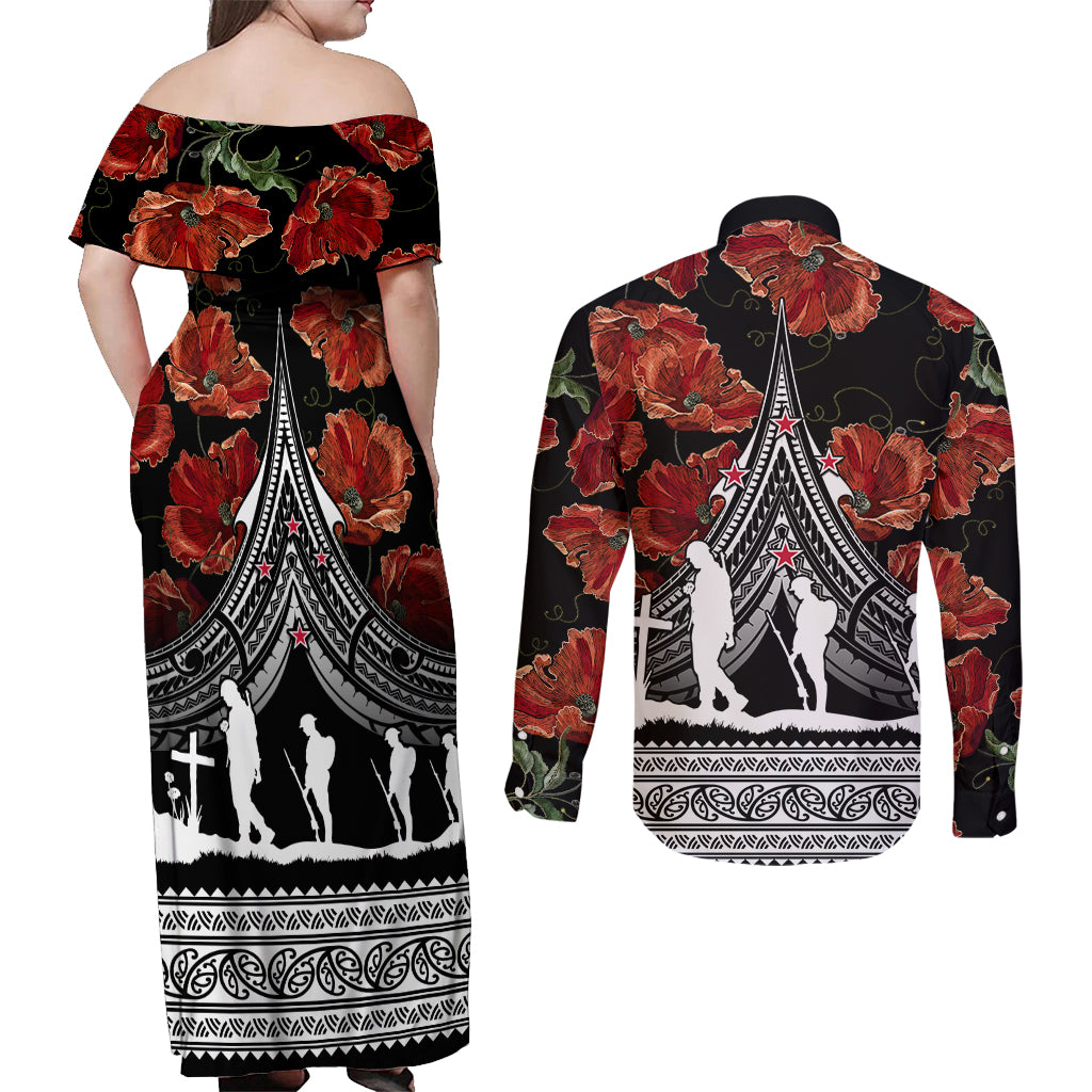New Zealand ANZAC Day Couples Matching Off Shoulder Maxi Dress and Long Sleeve Button Shirt Poppy With Polynesian Pattern LT01 - Polynesian Pride