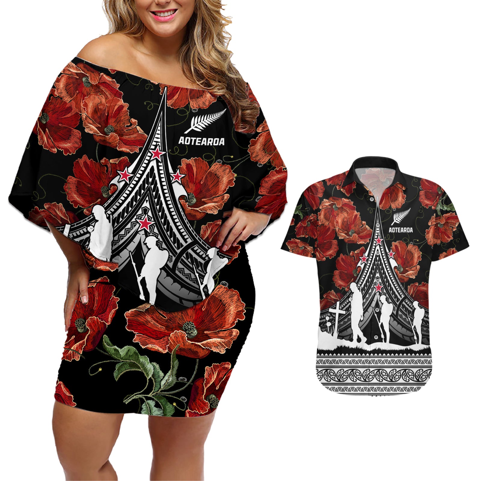 New Zealand ANZAC Day Couples Matching Off Shoulder Short Dress and Hawaiian Shirt Poppy With Polynesian Pattern LT01 Black - Polynesian Pride