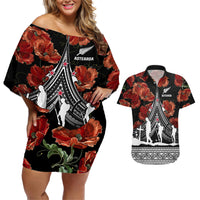 New Zealand ANZAC Day Couples Matching Off Shoulder Short Dress and Hawaiian Shirt Poppy With Polynesian Pattern LT01 Black - Polynesian Pride