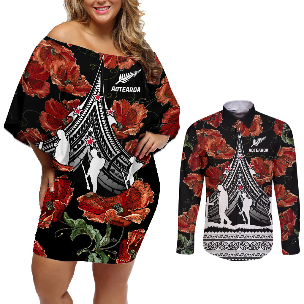 New Zealand ANZAC Day Couples Matching Off Shoulder Short Dress and Long Sleeve Button Shirt Poppy With Polynesian Pattern LT01 Black - Polynesian Pride