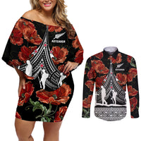 New Zealand ANZAC Day Couples Matching Off Shoulder Short Dress and Long Sleeve Button Shirt Poppy With Polynesian Pattern LT01 Black - Polynesian Pride