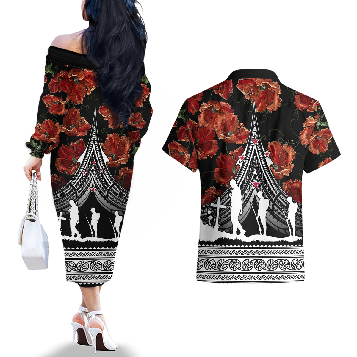 New Zealand ANZAC Day Couples Matching Off The Shoulder Long Sleeve Dress and Hawaiian Shirt Poppy With Polynesian Pattern LT01 - Polynesian Pride