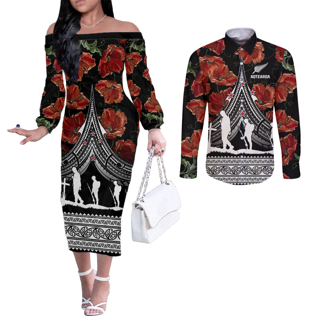 New Zealand ANZAC Day Couples Matching Off The Shoulder Long Sleeve Dress and Long Sleeve Button Shirt Poppy With Polynesian Pattern LT01 Black - Polynesian Pride