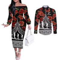 New Zealand ANZAC Day Couples Matching Off The Shoulder Long Sleeve Dress and Long Sleeve Button Shirt Poppy With Polynesian Pattern LT01 Black - Polynesian Pride