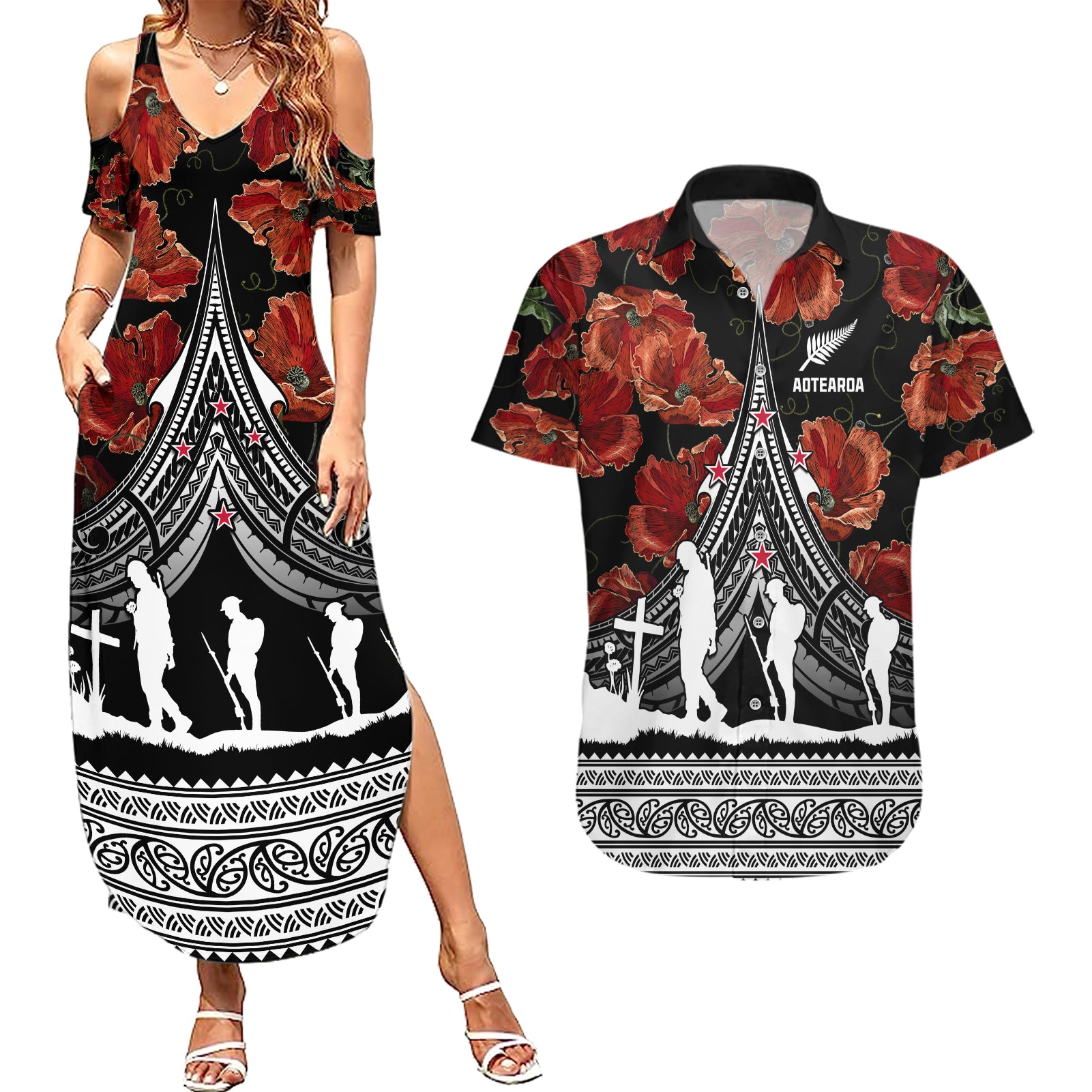 New Zealand ANZAC Day Couples Matching Summer Maxi Dress and Hawaiian Shirt Poppy With Polynesian Pattern LT01 Black - Polynesian Pride