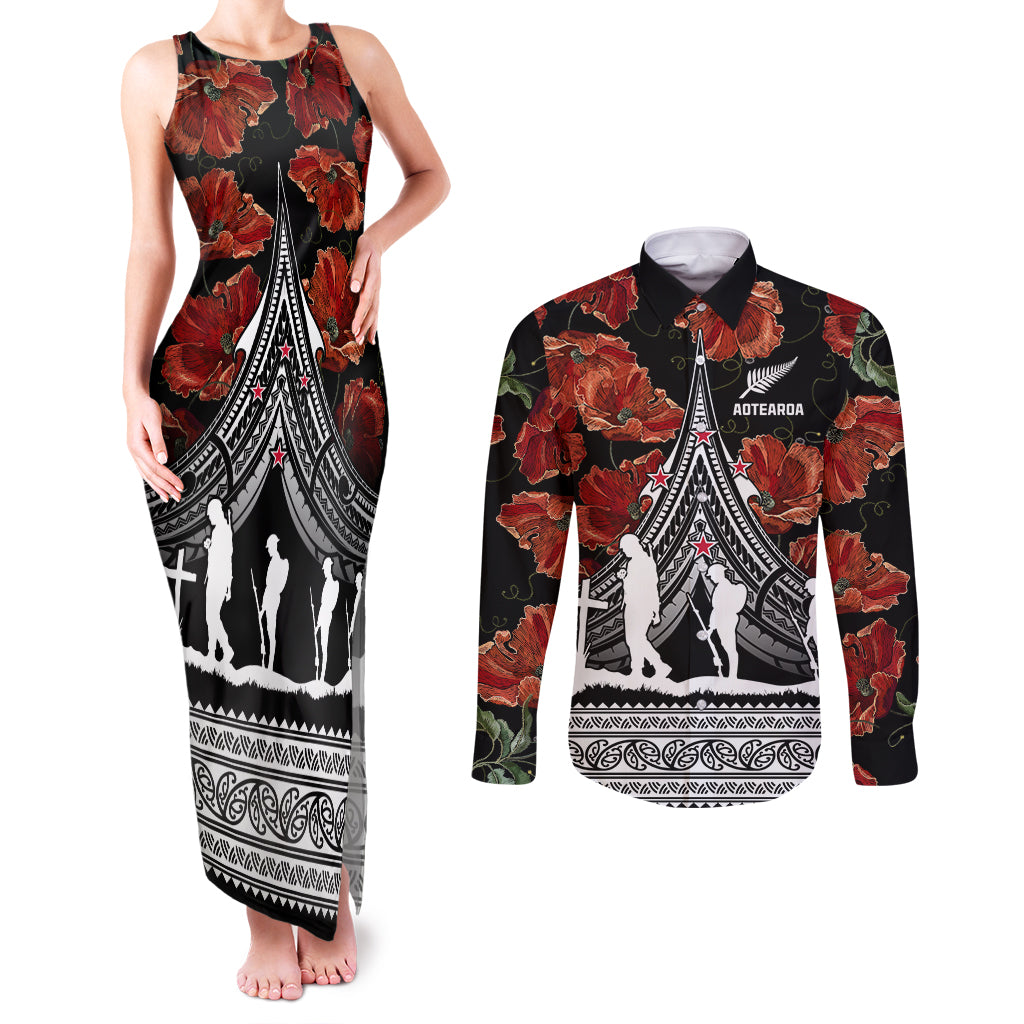 New Zealand ANZAC Day Couples Matching Tank Maxi Dress and Long Sleeve Button Shirt Poppy With Polynesian Pattern LT01 Black - Polynesian Pride