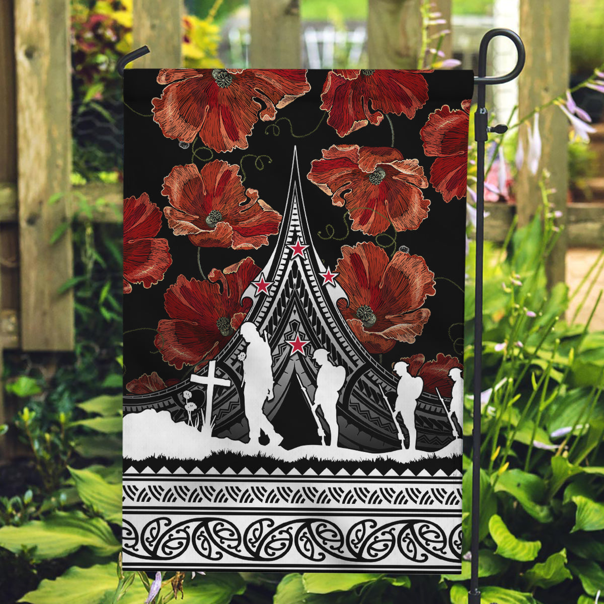 New Zealand ANZAC Day Garden Flag Poppy With Polynesian Pattern LT01 Garden Flag Black - Polynesian Pride