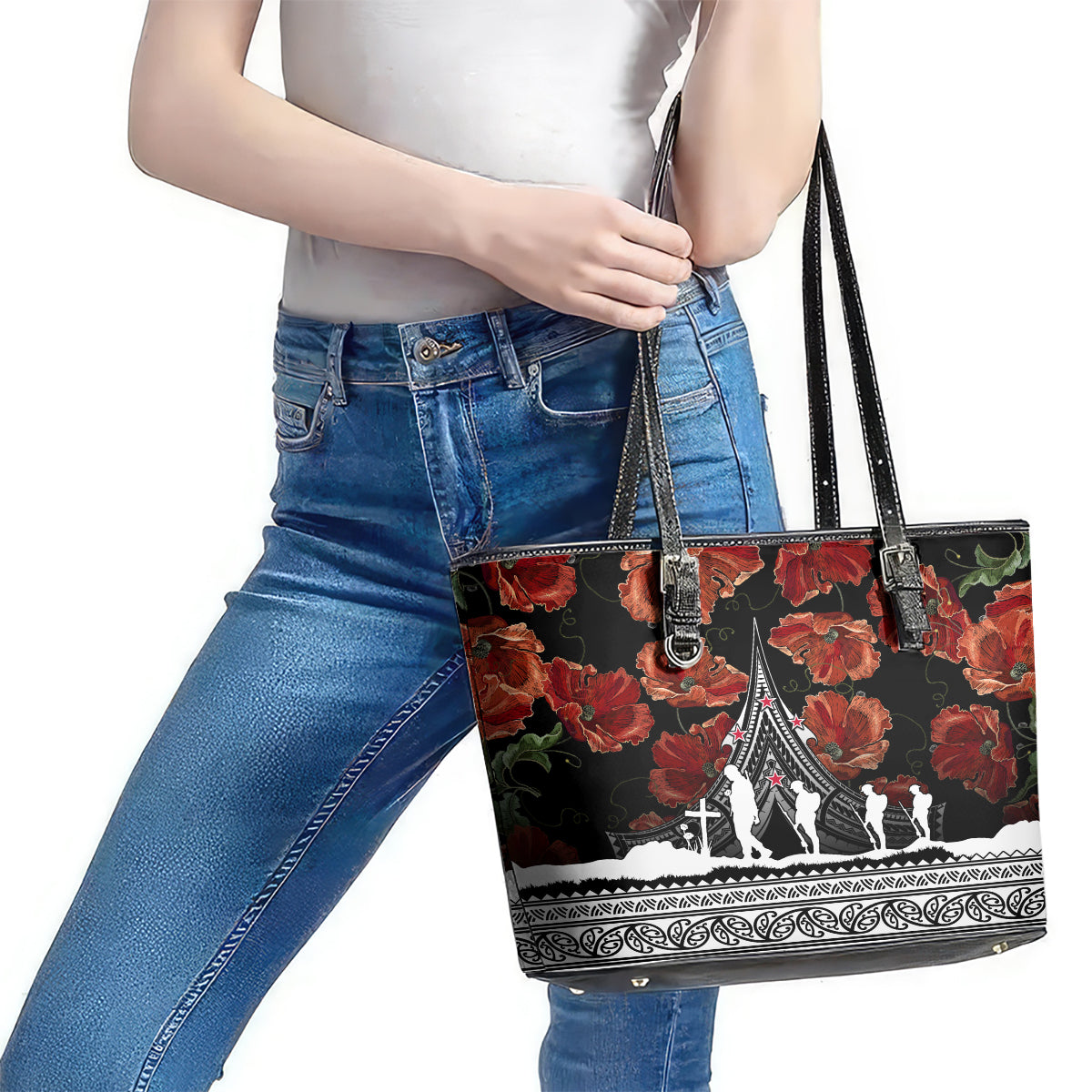 New Zealand ANZAC Day Leather Tote Bag Poppy With Polynesian Pattern LT01 - Polynesian Pride