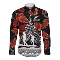 New Zealand ANZAC Day Long Sleeve Button Shirt Poppy With Polynesian Pattern LT01 Unisex Black - Polynesian Pride