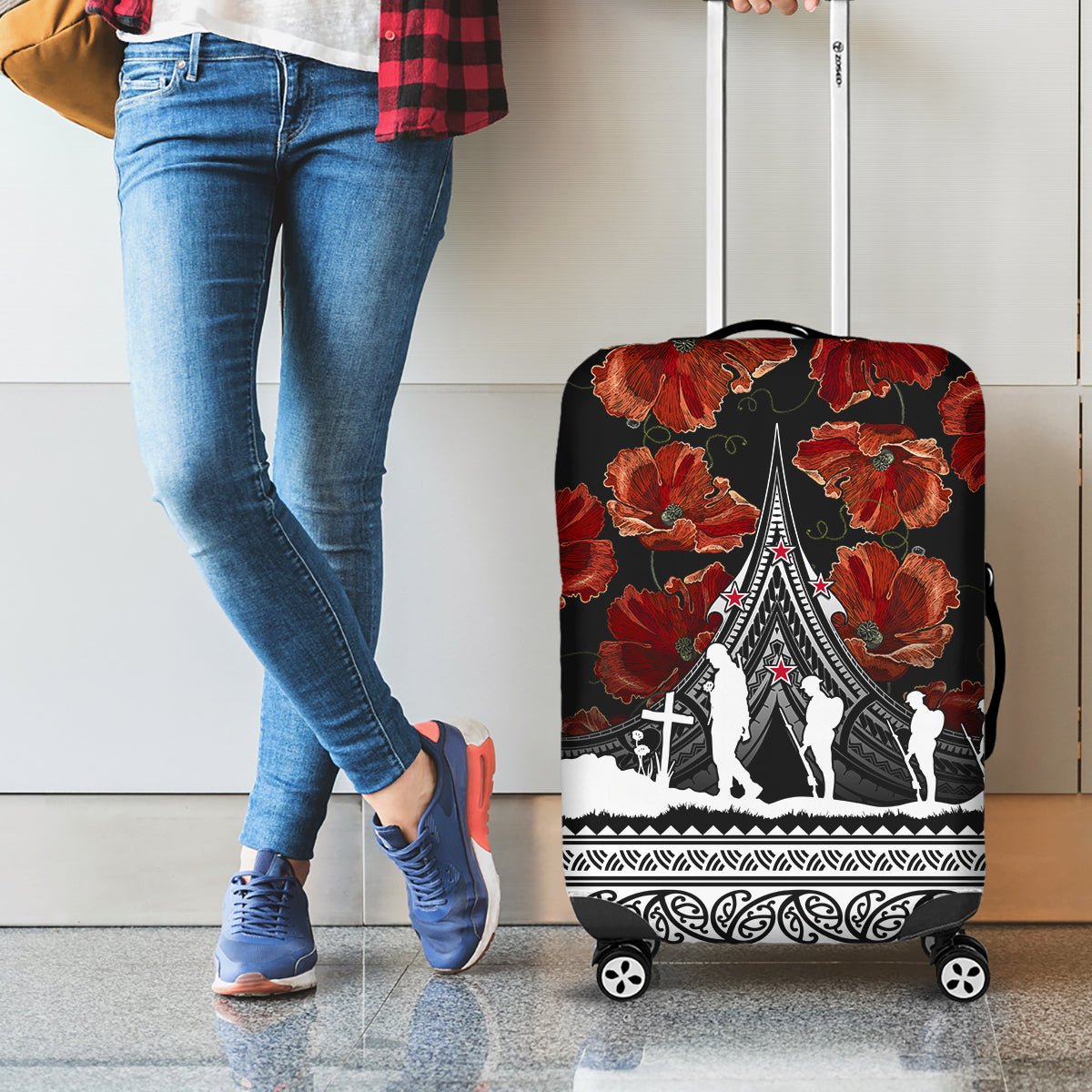 New Zealand ANZAC Day Luggage Cover Poppy With Polynesian Pattern LT01 - Polynesian Pride