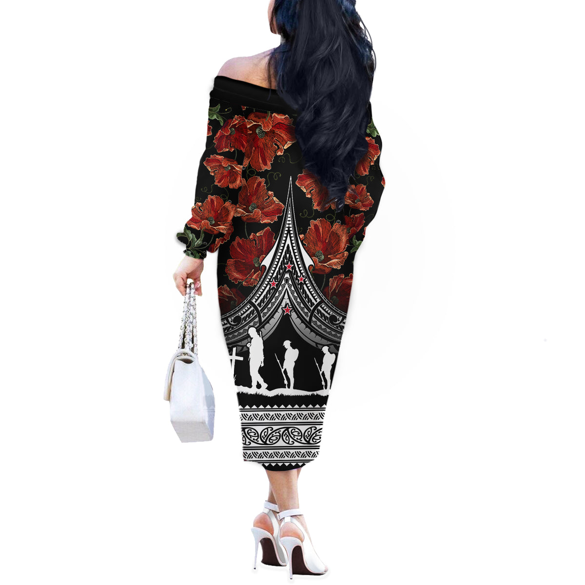 New Zealand ANZAC Day Off The Shoulder Long Sleeve Dress Poppy With Polynesian Pattern LT01 - Polynesian Pride