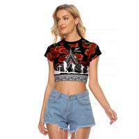 New Zealand ANZAC Day Raglan Cropped T Shirt Poppy With Polynesian Pattern LT01 Female Black - Polynesian Pride