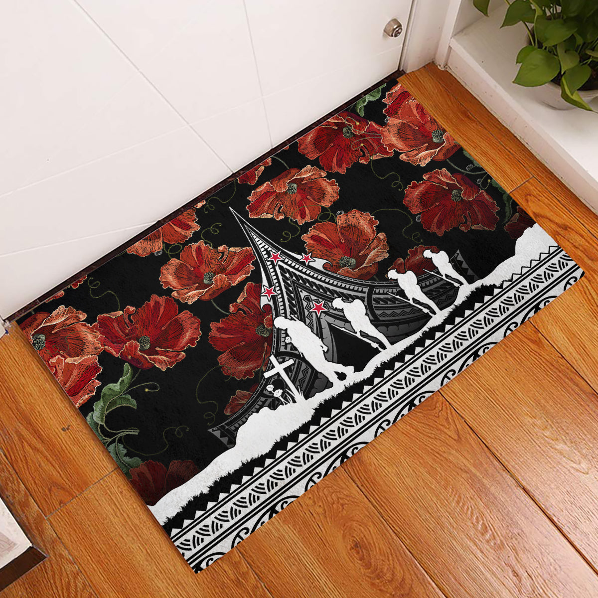 New Zealand ANZAC Day Rubber Doormat Poppy With Polynesian Pattern LT01 Black - Polynesian Pride