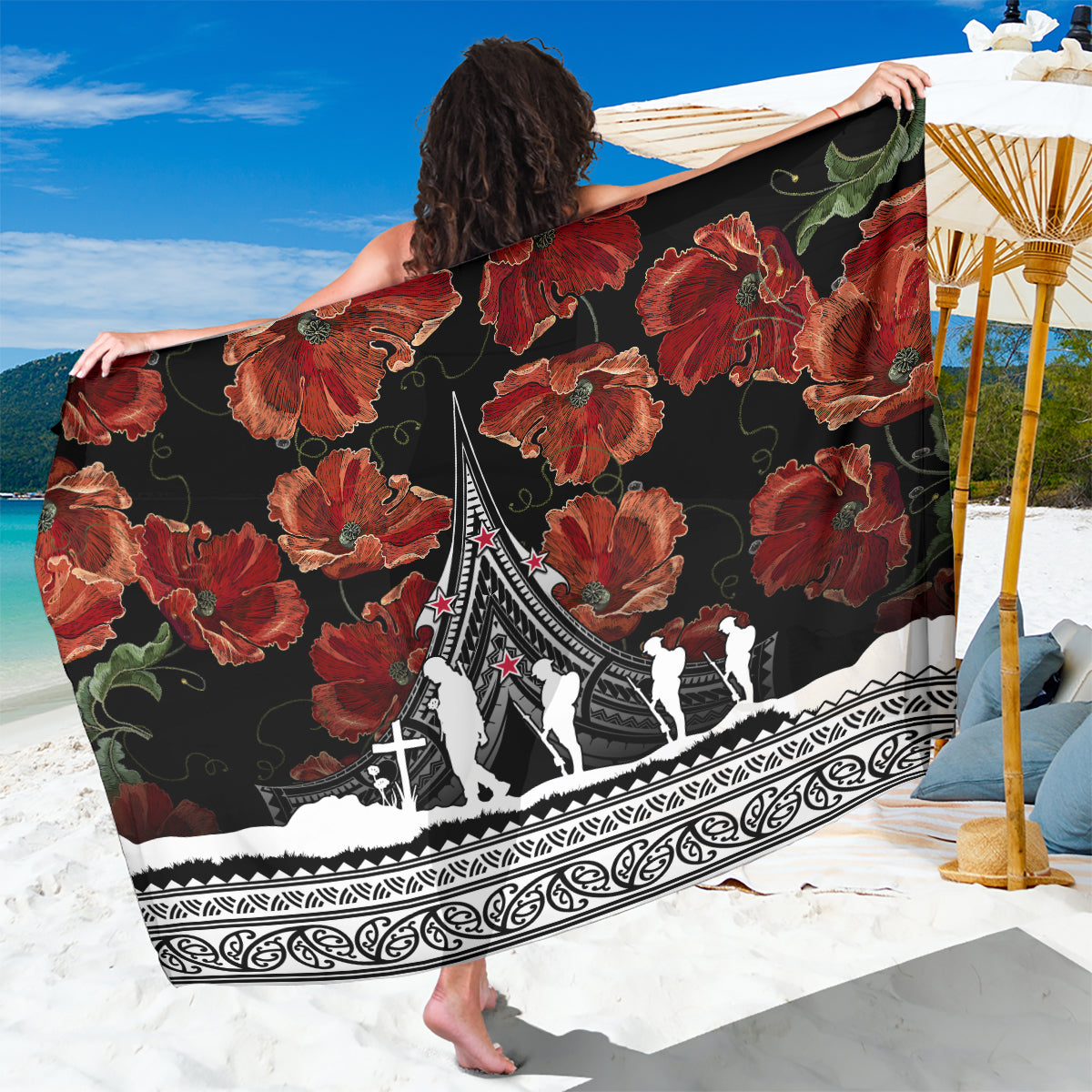 New Zealand ANZAC Day Sarong Poppy With Polynesian Pattern LT01 One Size 44 x 66 inches Black - Polynesian Pride