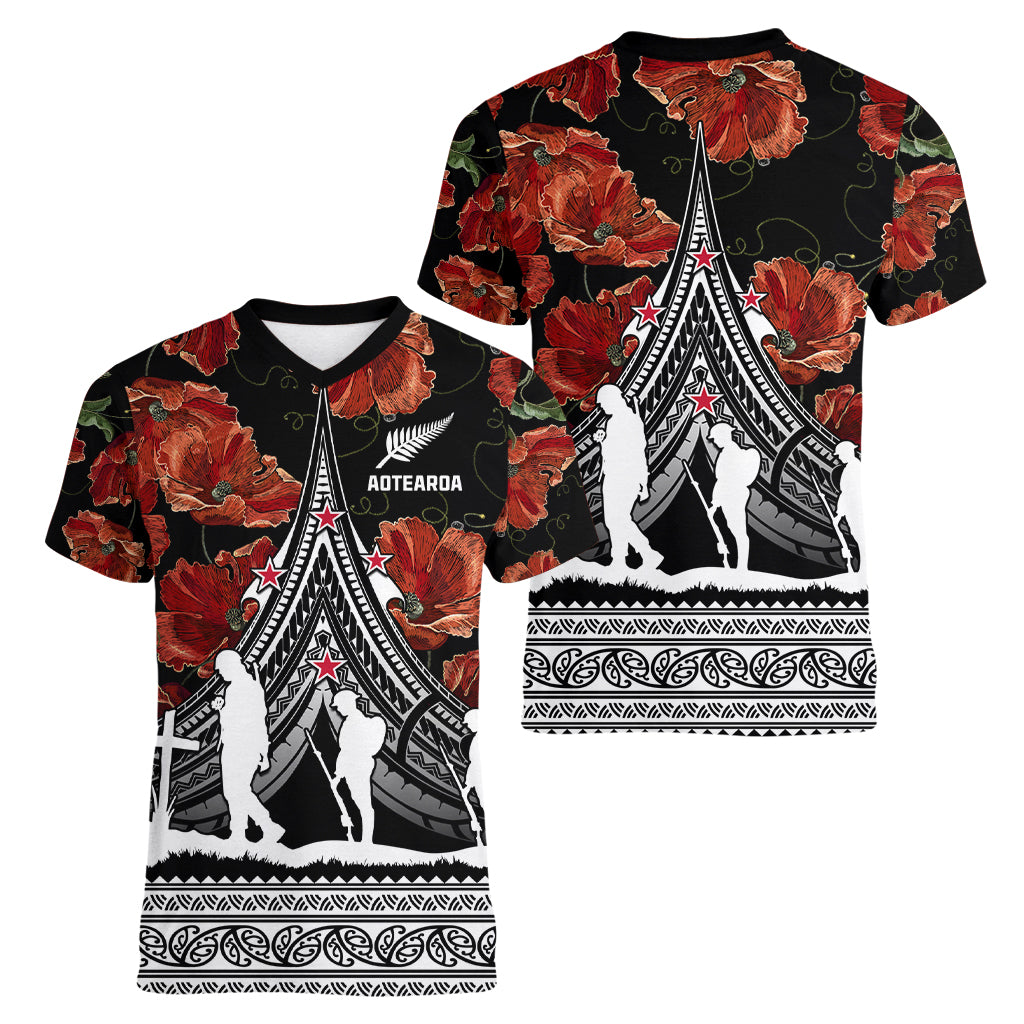 New Zealand ANZAC Day Women V Neck T Shirt Poppy With Polynesian Pattern LT01 - Polynesian Pride