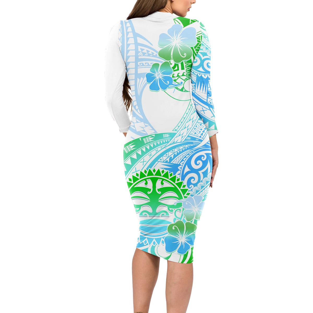 Kia Ora Maori New Zealand Pastel Long Sleeve Bodycon Dress Sun Ta Moko Aqua Green Version LT01 - Polynesian Pride