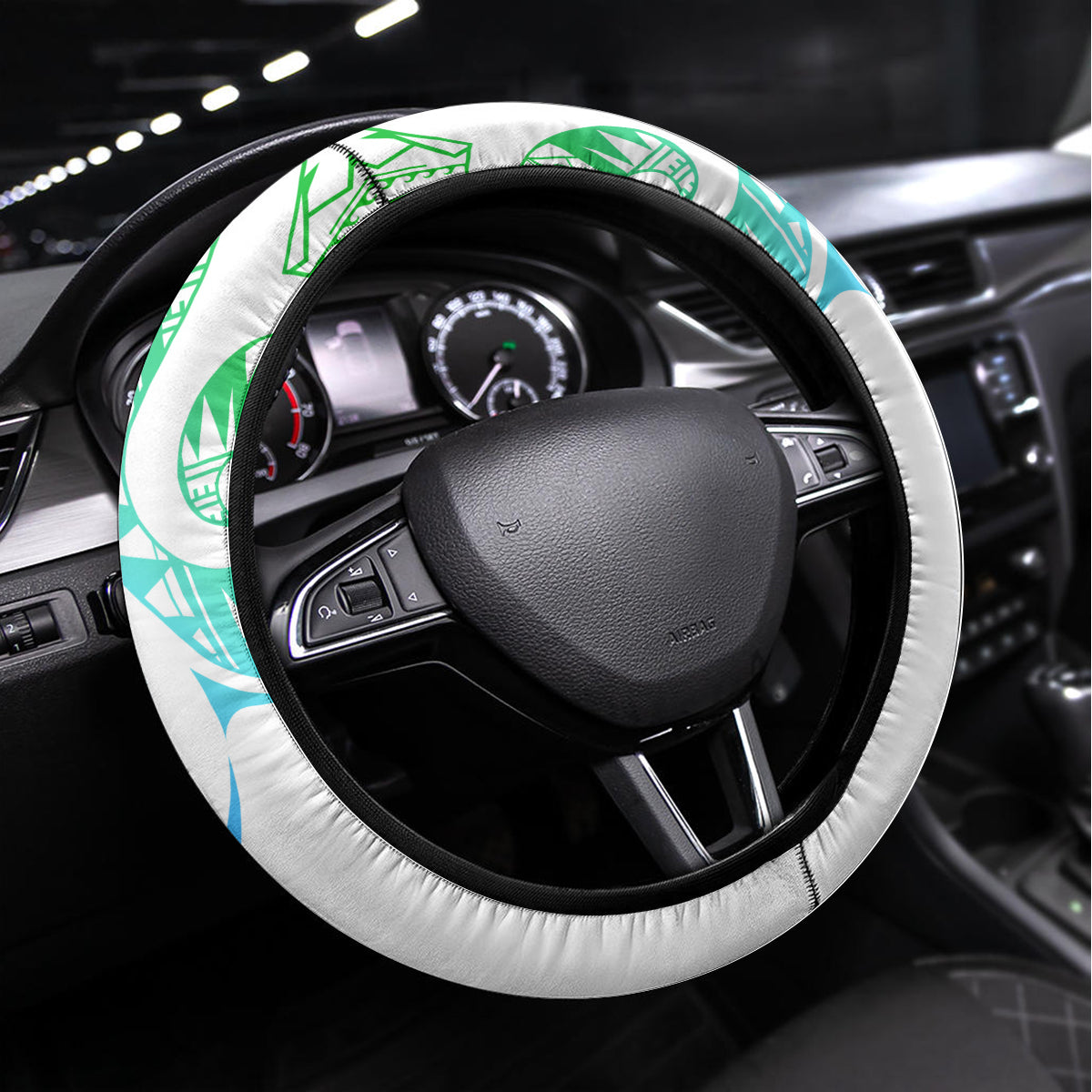 Kia Ora Maori New Zealand Pastel Steering Wheel Cover Sun Ta Moko Aqua Green Version LT01 Universal Fit Aqua - Polynesian Pride