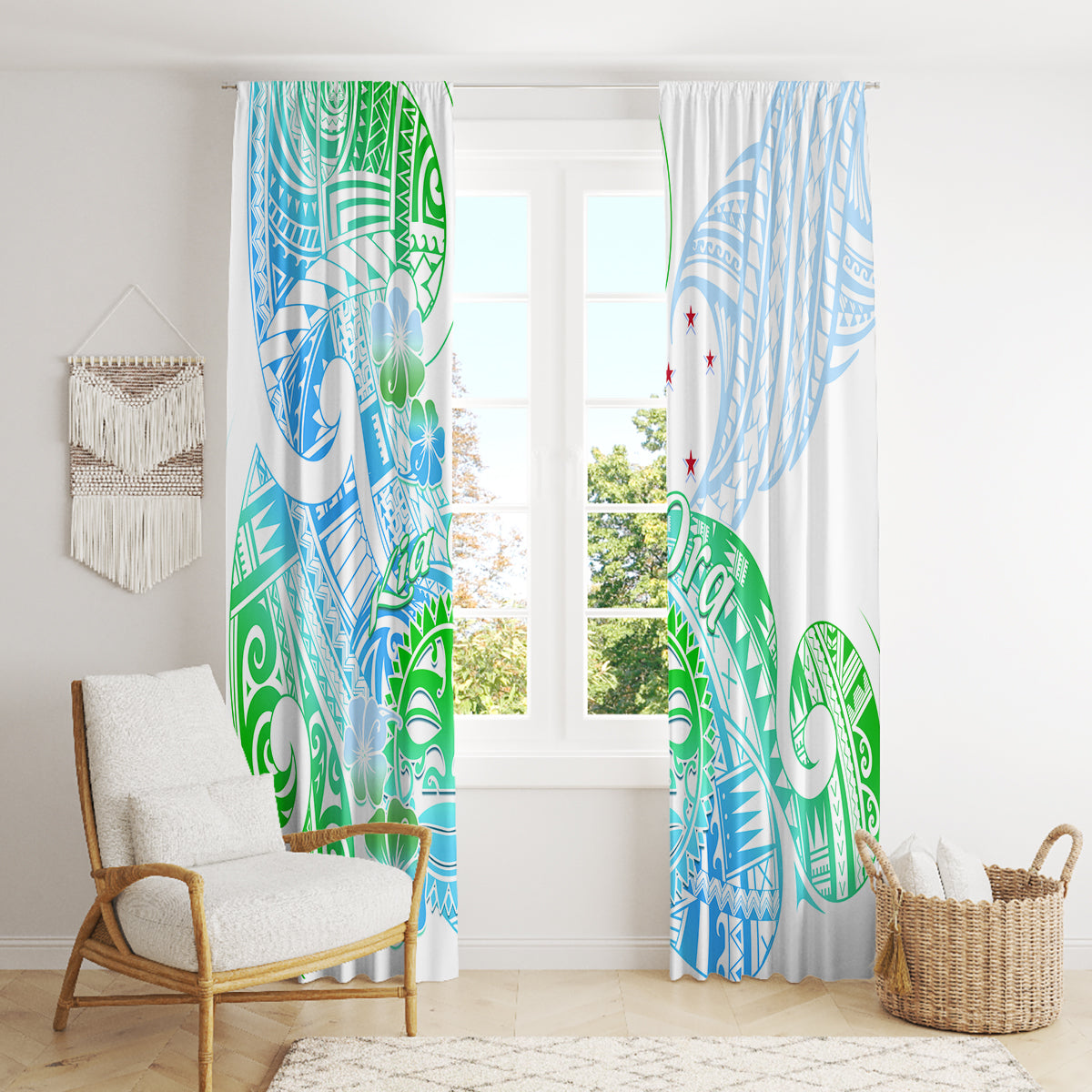 Kia Ora Maori New Zealand Pastel Window Curtain Sun Ta Moko Aqua Green Version LT01 - Polynesian Pride