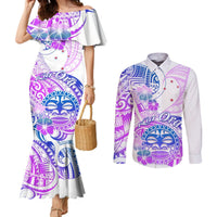 Kia Ora Maori New Zealand Pastel Couples Matching Mermaid Dress and Long Sleeve Button Shirt Sun Ta Moko Lilac Version LT01 Purple - Polynesian Pride