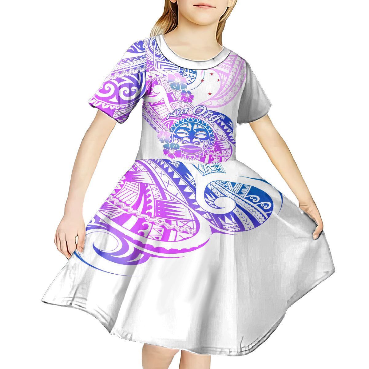 Kia Ora Maori New Zealand Pastel Kid Short Sleeve Dress Sun Ta Moko Lilac Version LT01 - Polynesian Pride