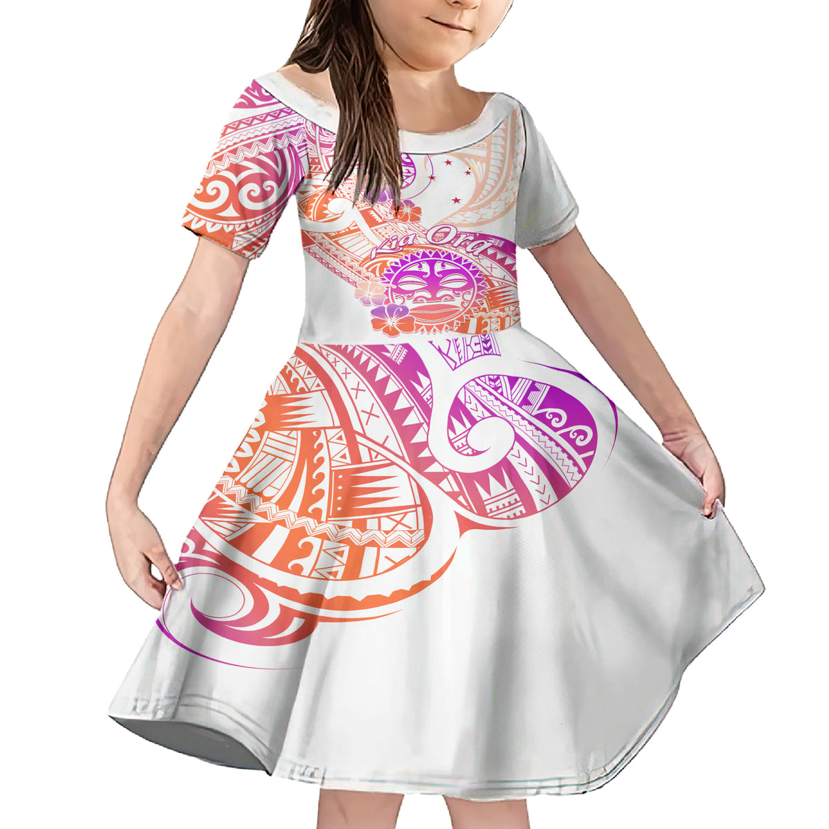 Kia Ora Maori New Zealand Pastel Family Matching Short Sleeve Bodycon Dress and Hawaiian Shirt Sun Ta Moko Sunset Version LT01 Daughter's Dress Orange - Polynesian Pride