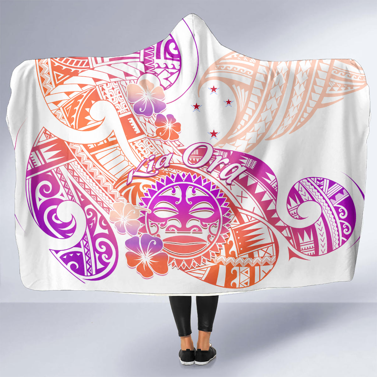 Kia Ora Maori New Zealand Pastel Hooded Blanket Sun Ta Moko Sunset Version LT01 - Polynesian Pride