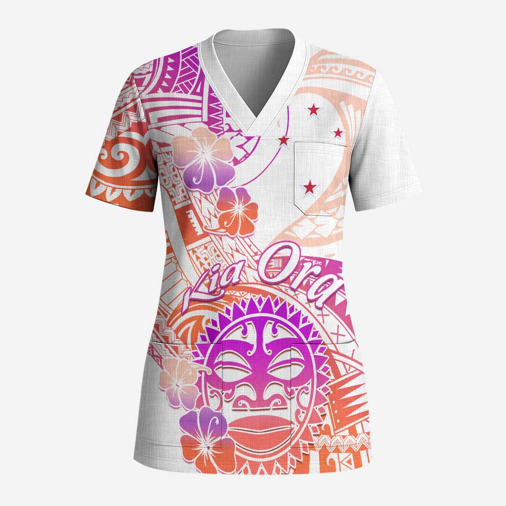 Kia Ora Maori New Zealand Pastel Scrub Top Sun Ta Moko Sunset Version - Polynesian Pride