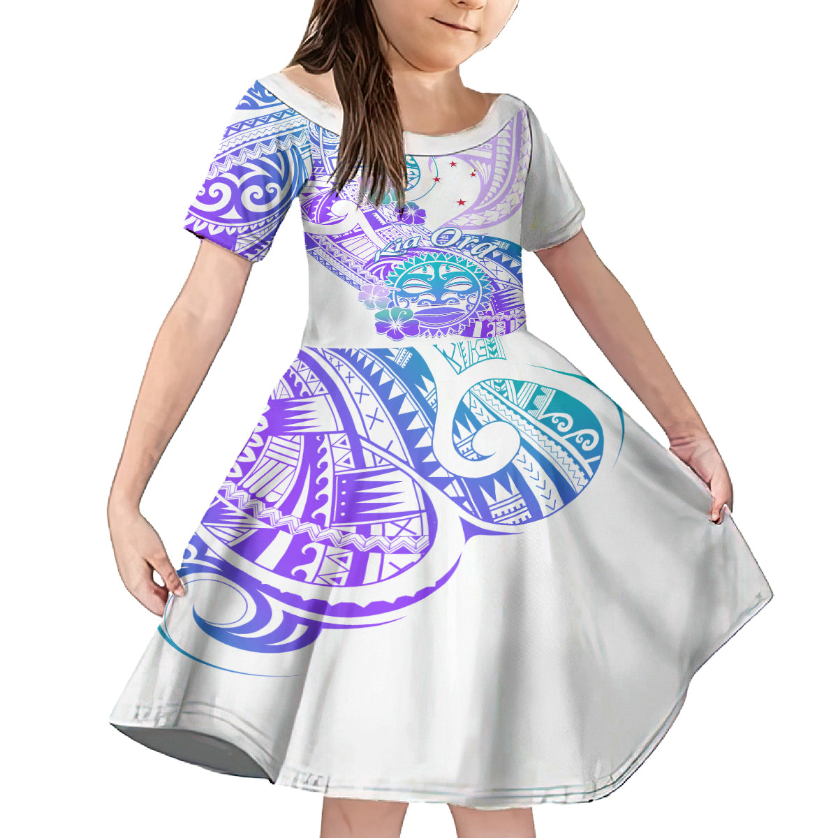 Kia Ora Maori New Zealand Pastel Family Matching Off Shoulder Short Dress and Hawaiian Shirt Sun Ta Moko Violet Version LT01 Daughter's Dress Purple - Polynesian Pride
