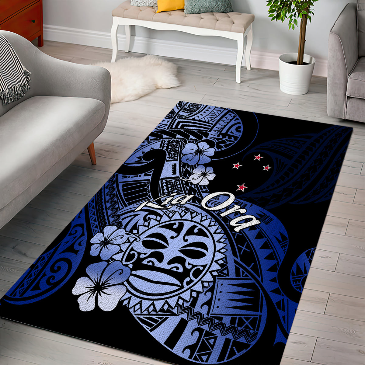 Aotearoa Kia Ora New Zealand Ta Moko Blue Version Area Rug LT01 - Polynesian Pride