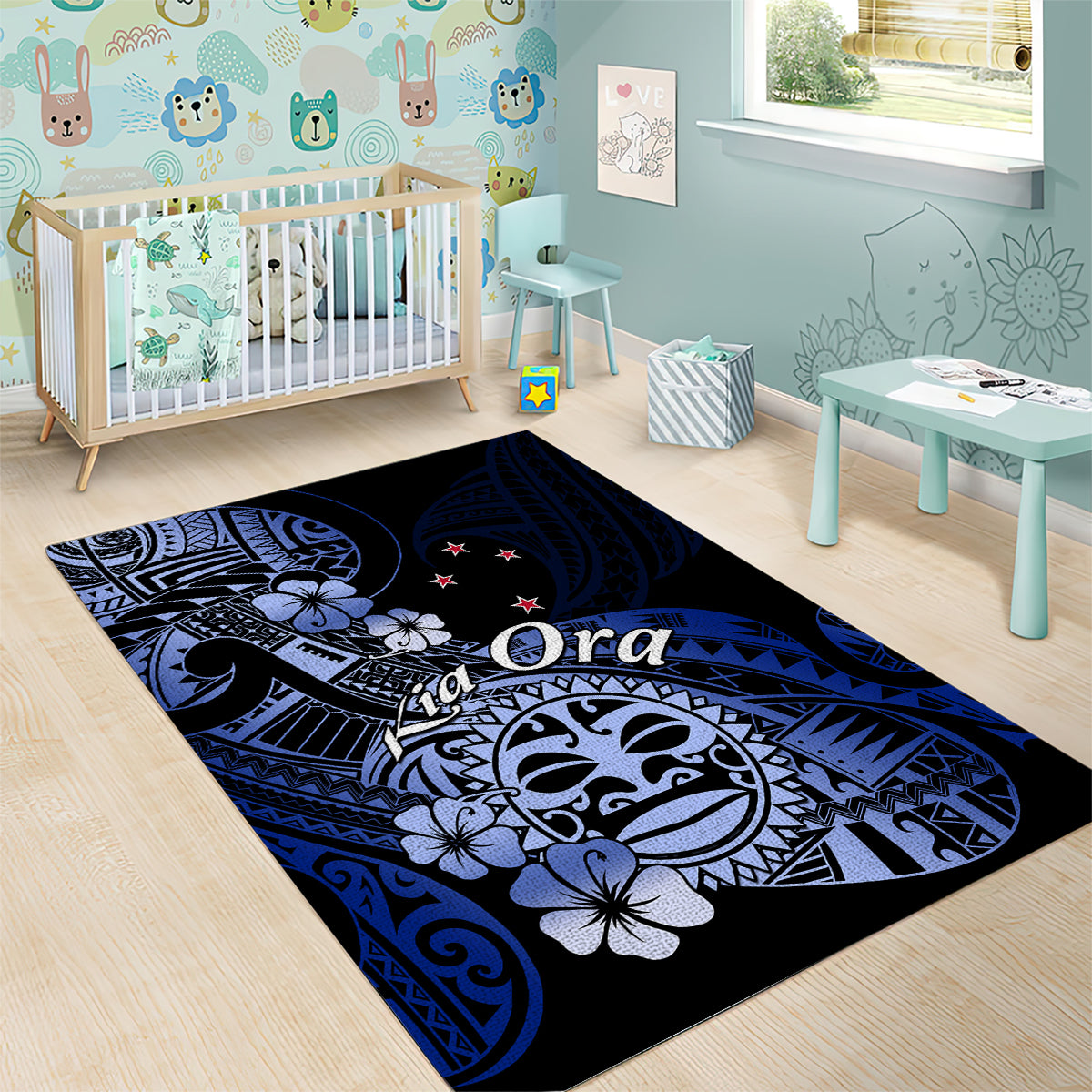 Aotearoa Kia Ora New Zealand Ta Moko Blue Version Area Rug LT01 - Polynesian Pride