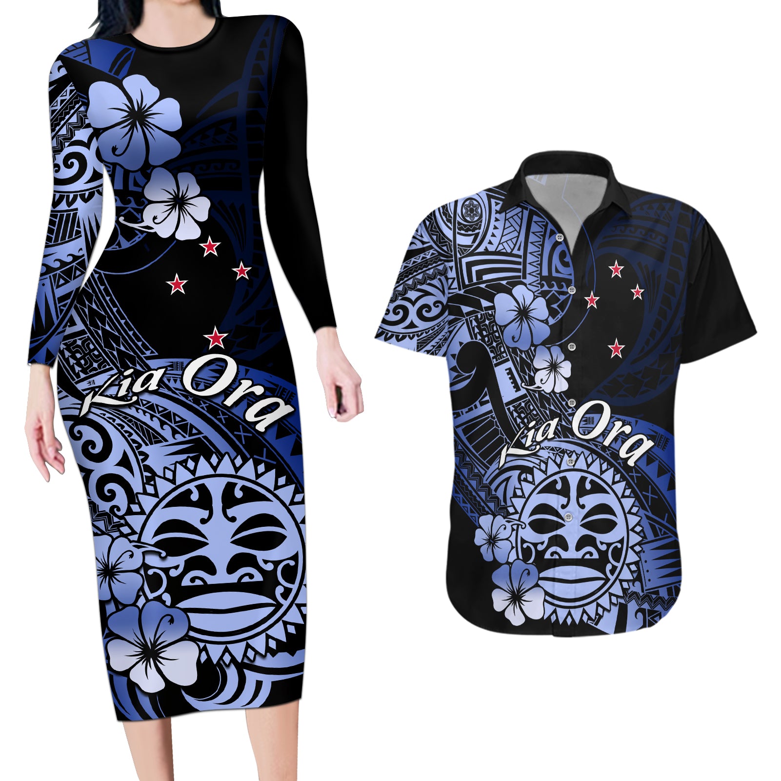Aotearoa Kia Ora New Zealand Ta Moko Blue Version Couples Matching Long Sleeve Bodycon Dress and Hawaiian Shirt LT01 Blue - Polynesian Pride